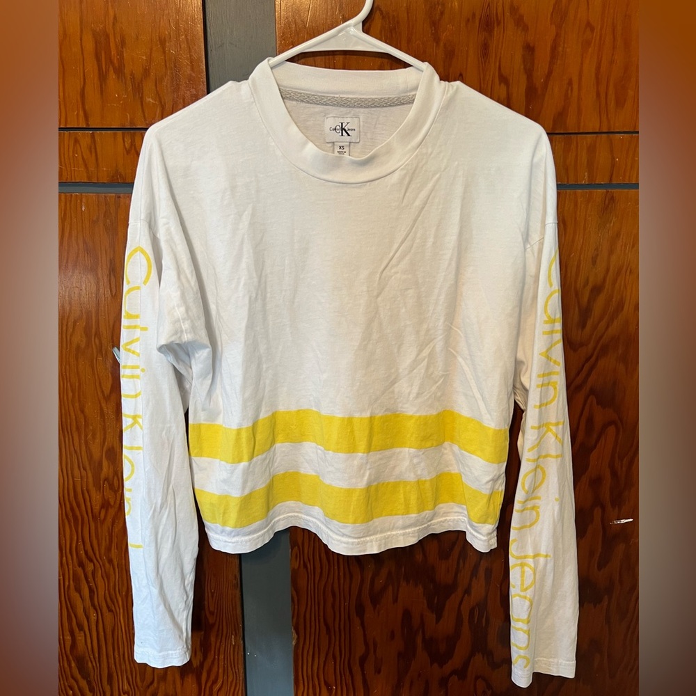 Calvin Klein White & Yellow Striped Semi-Crop Top